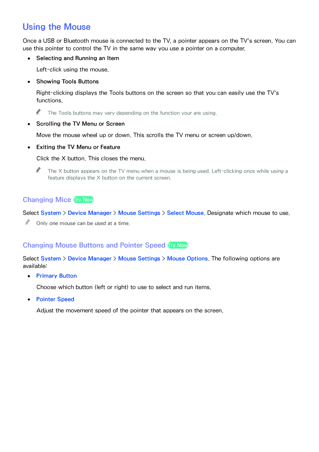 Samsung UN65HU9000 manual Using the Mouse, Changing Mice Try Now, Changing Mouse Buttons and Pointer Speed Try Now 