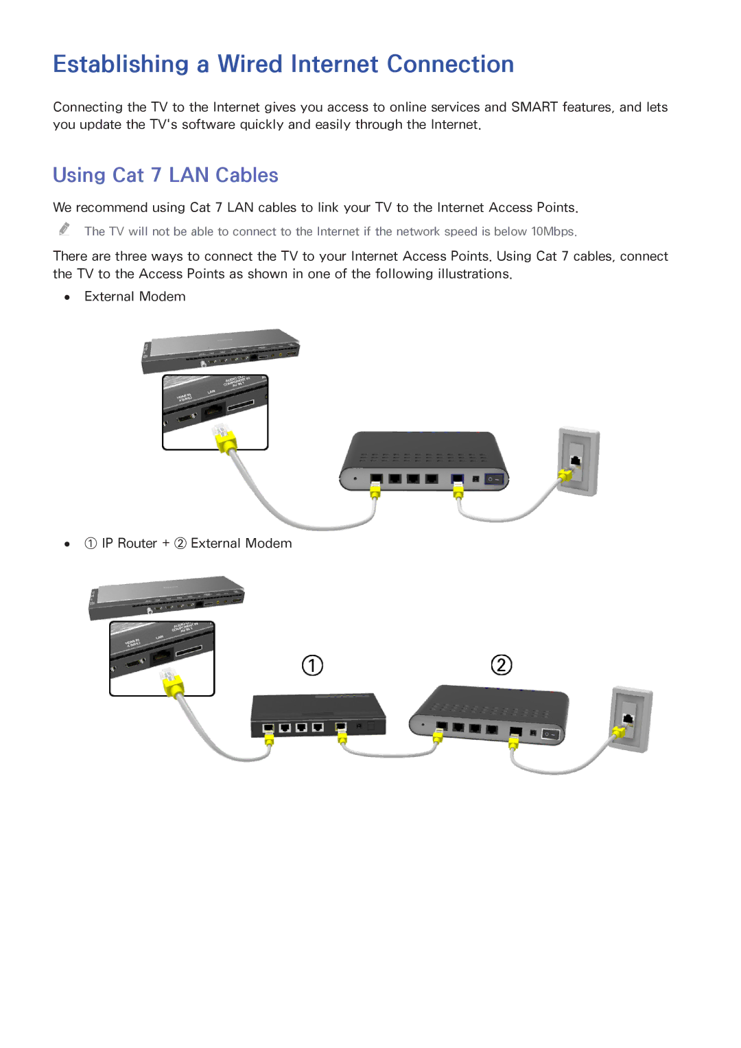 Samsung UN65HU9000 manual Establishing a Wired Internet Connection, Using Cat 7 LAN Cables 