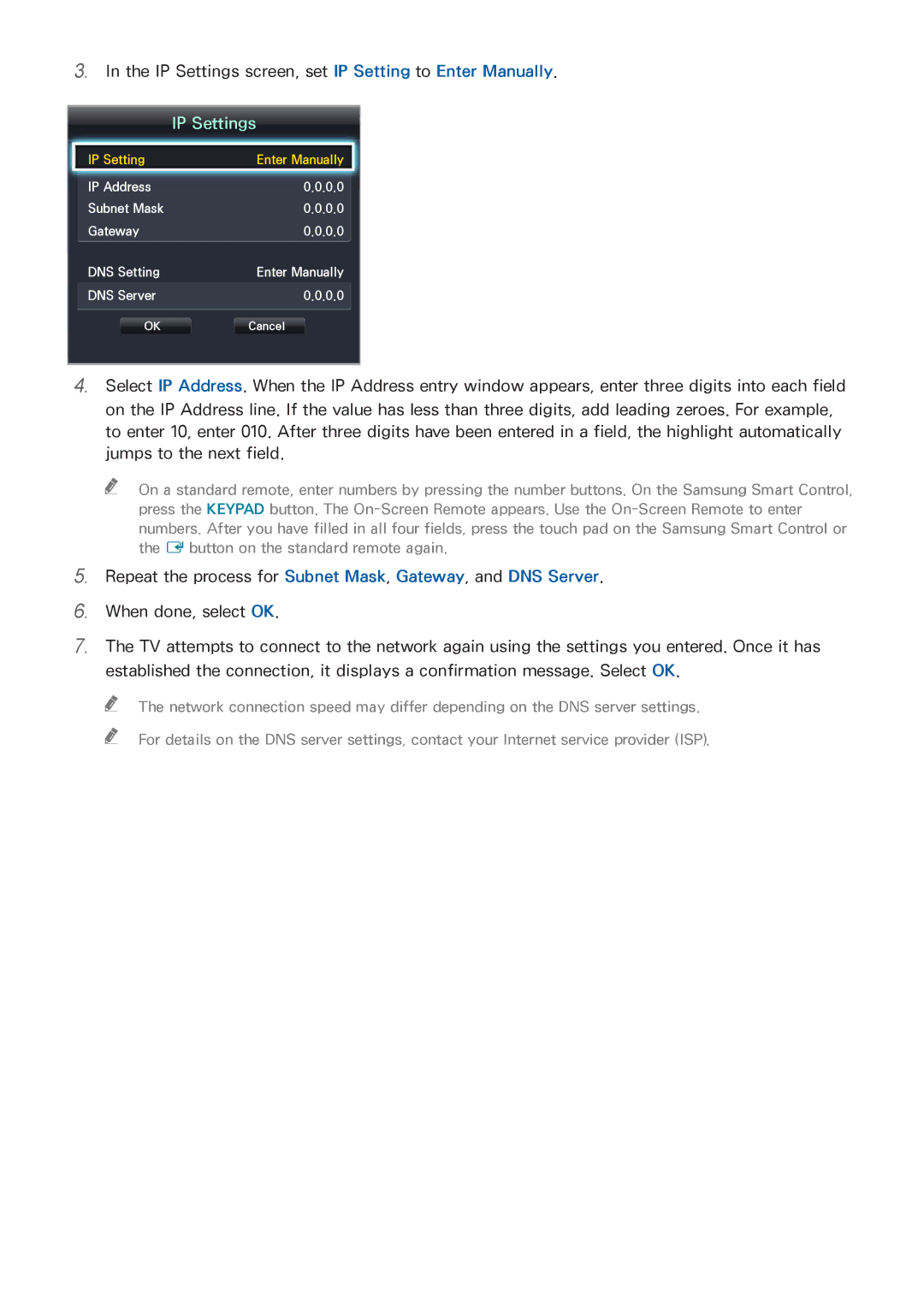 Samsung UN65HU9000 manual IP Settings screen, set IP Setting to Enter Manually 