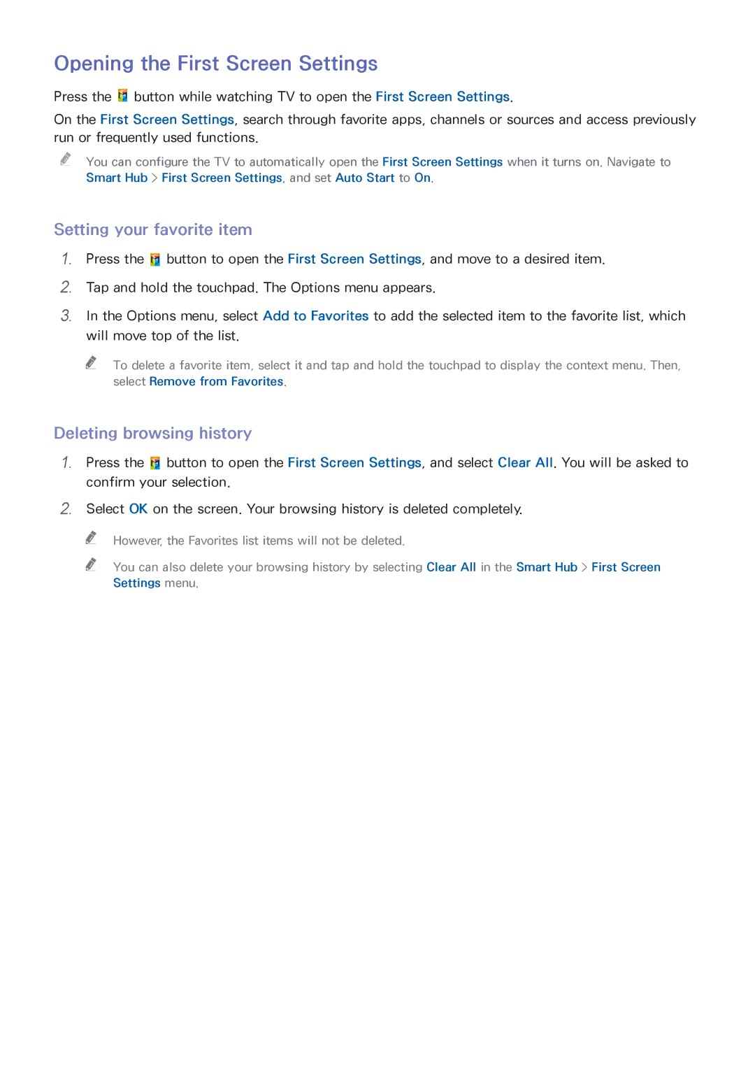 Samsung UN65HU9000 manual Opening the First Screen Settings, Setting your favorite item, Deleting browsing history 