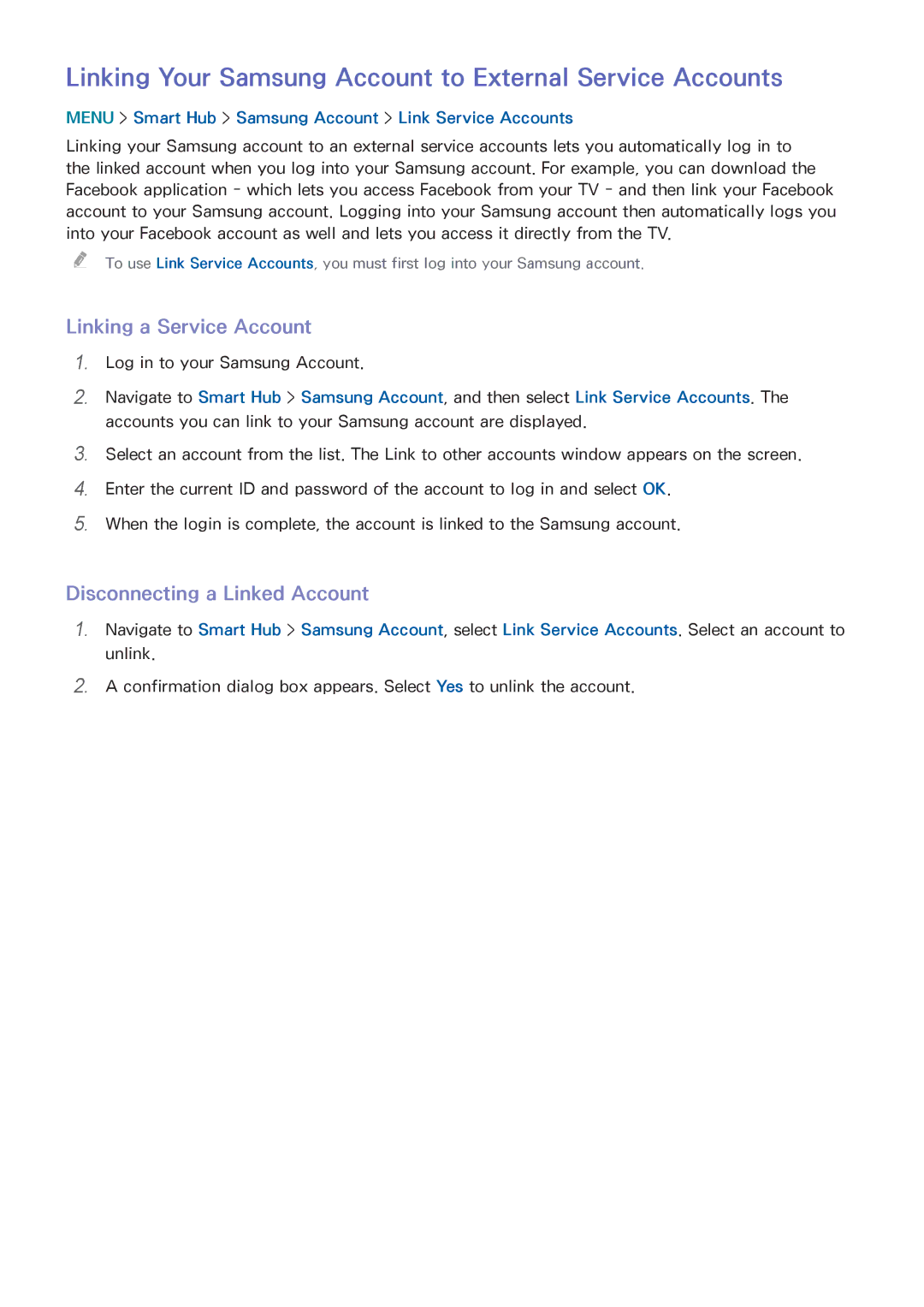 Samsung UN65HU9000 manual Linking Your Samsung Account to External Service Accounts, Linking a Service Account 