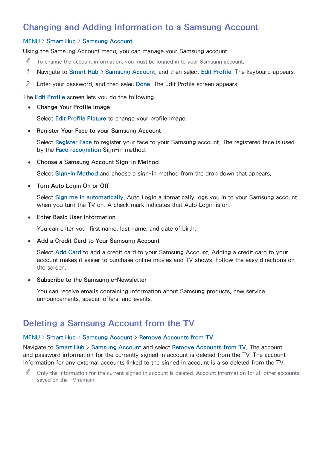 Samsung UN65HU9000 manual Changing and Adding Information to a Samsung Account, Deleting a Samsung Account from the TV 