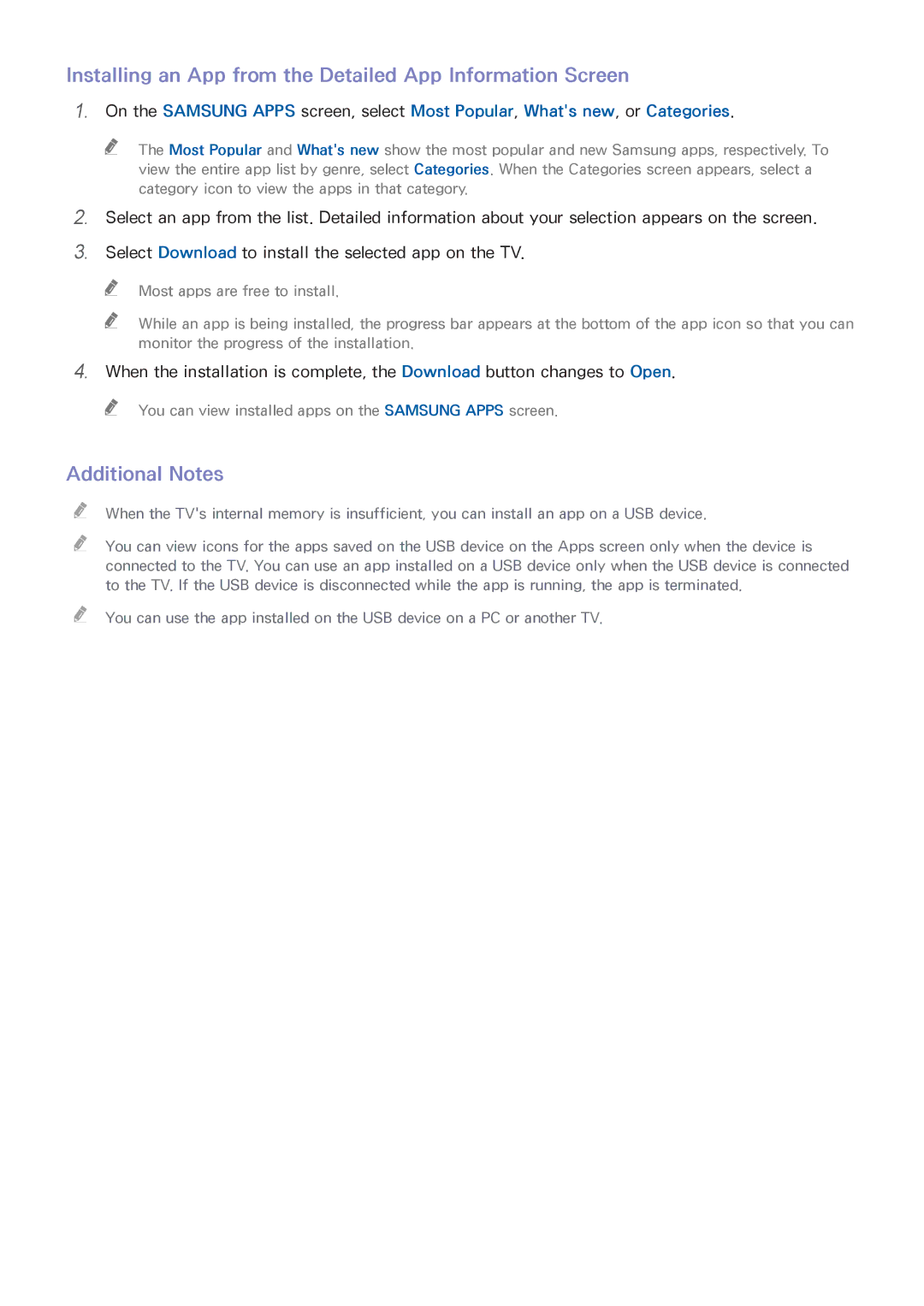 Samsung UN65HU9000 manual Installing an App from the Detailed App Information Screen, Additional Notes 