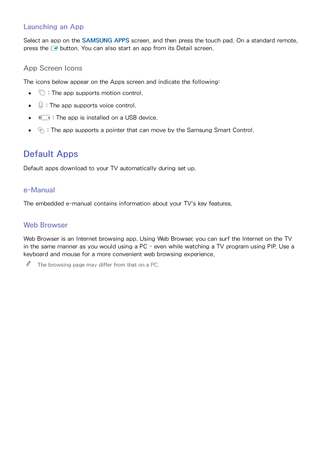 Samsung UN65HU9000 manual Default Apps, Launching an App, Manual, Web Browser 