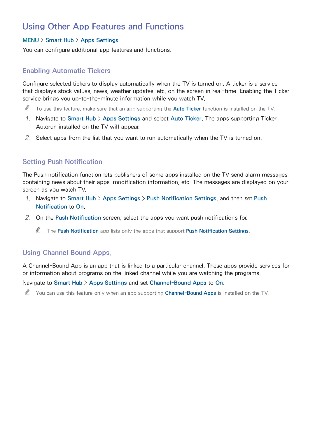 Samsung UN65HU9000 manual Using Other App Features and Functions, Enabling Automatic Tickers, Setting Push Notification 