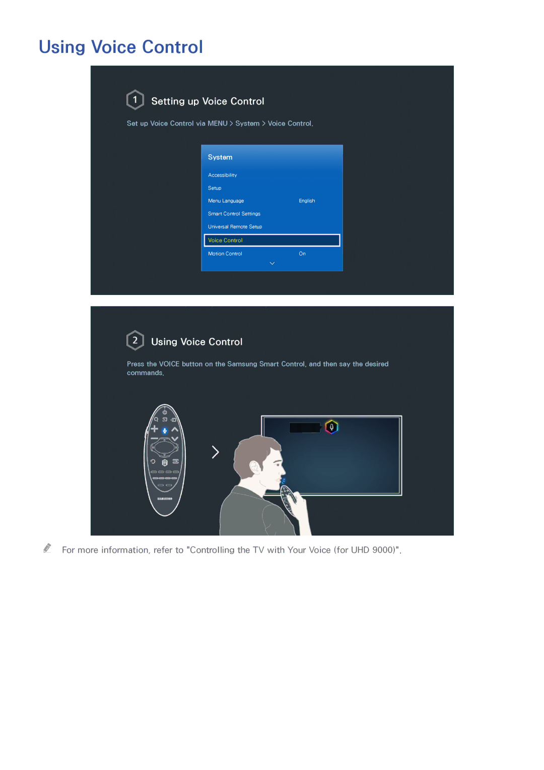 Samsung UN65HU9000 manual Using Voice Control, Setting up Voice Control 