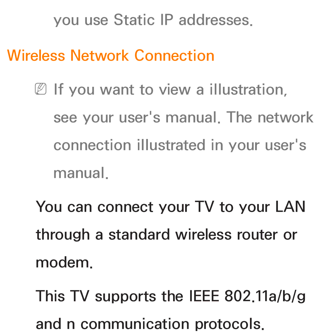 Samsung UN46ES8000, UN75ES9000XZA, UN60ES7500XZA, UN60ES8000 You use Static IP addresses, Wireless Network Connection 