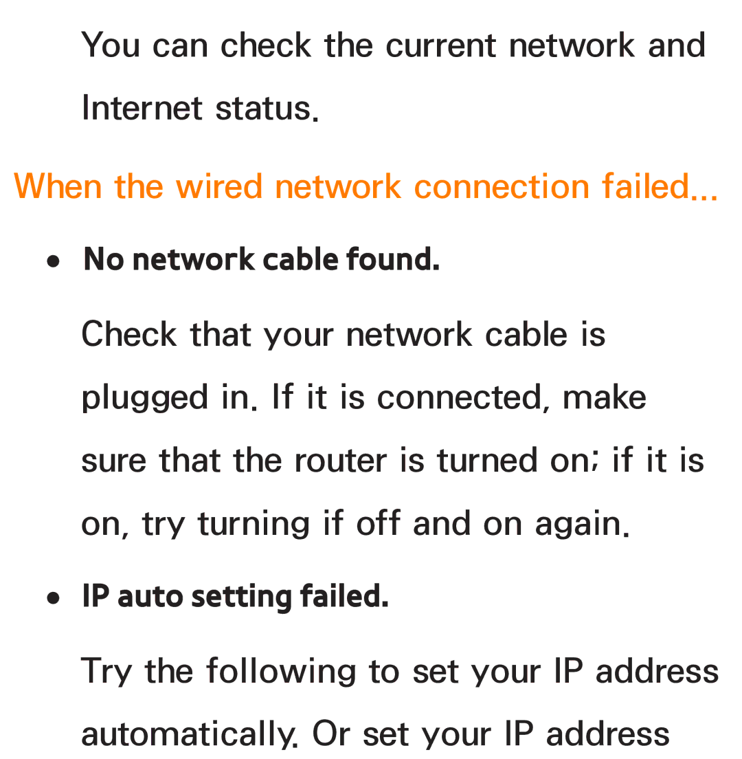 Samsung UN46ES8000, UN75ES9000XZA, UN60ES7500, UN60ES8000 When the wired network connection failed, No network cable found 