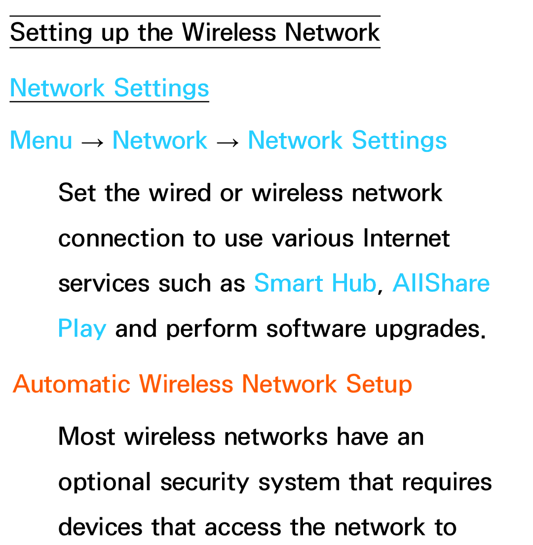 Samsung UN75ES9000XZA, UN60ES7500XZA, UN60ES8000, UN55ES7003, UN46ES8000 Setting up the Wireless Network Network Settings 