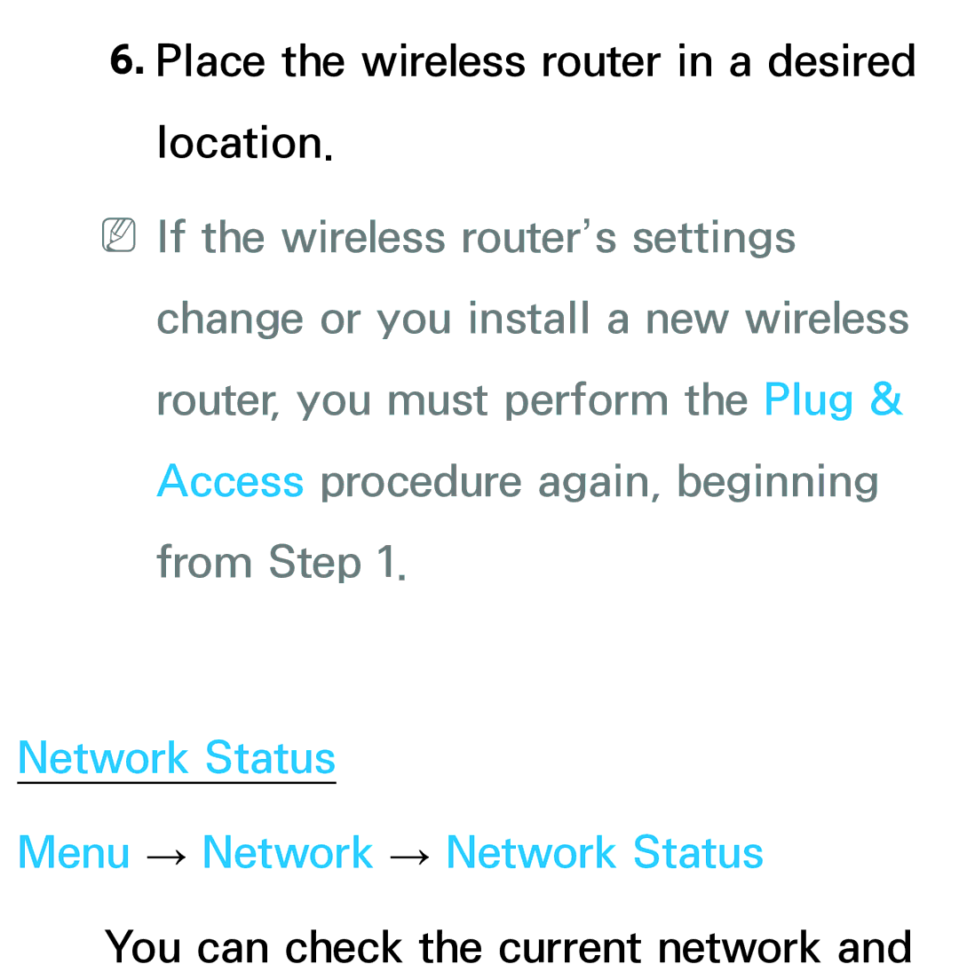 Samsung UN75ES9000XZA, UN60ES7500XZA, UN60ES8000, UN55ES7003 manual Place the wireless router in a desired location 