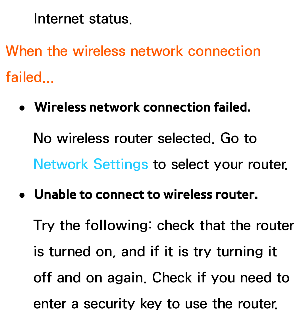 Samsung UN60ES7500, UN75ES9000XZA manual When the wireless network connection Failed, Unable to connect to wireless router 