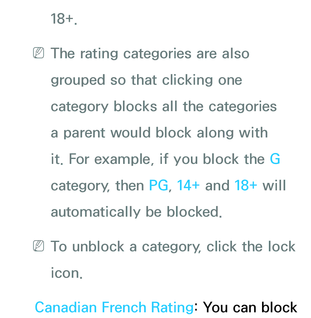 Samsung UN55ES7003, UN75ES9000XZA, UN60ES7500XZA, UN60ES8000, UN46ES8000 manual Canadian French Rating You can block 