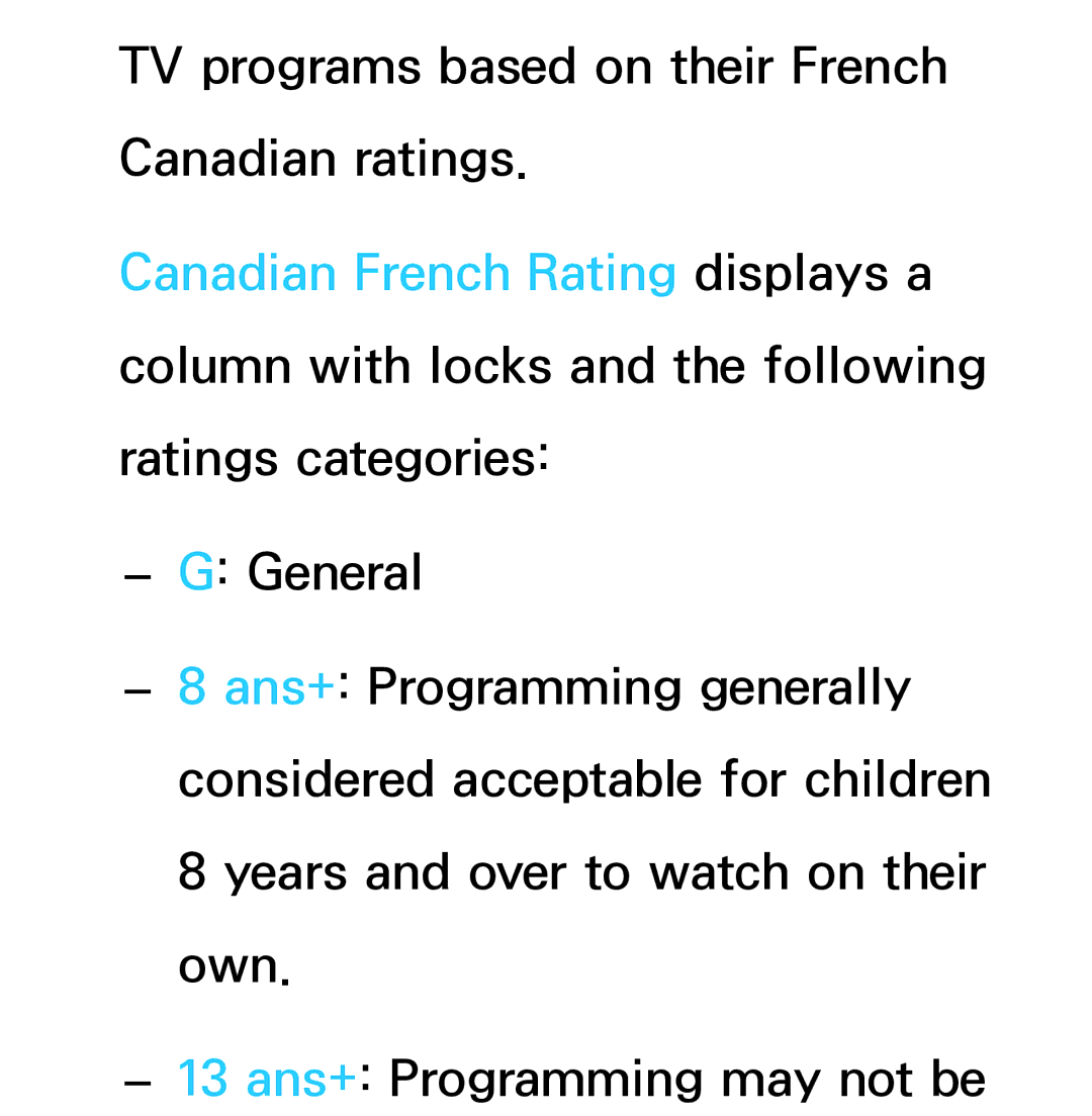 Samsung UN46ES8000, UN75ES9000XZA, UN60ES7500XZA, UN60ES8000 manual TV programs based on their French Canadian ratings 