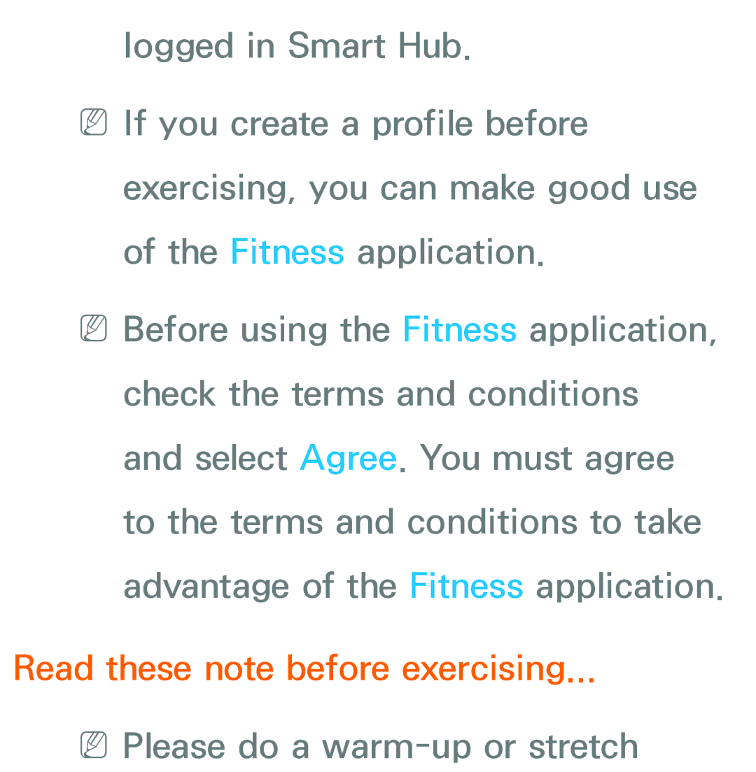 Samsung UN75ES9000XZA, UN60ES7500XZA, UN60ES8000 Read these note before exercising, NNPlease do a warm-up or stretch 