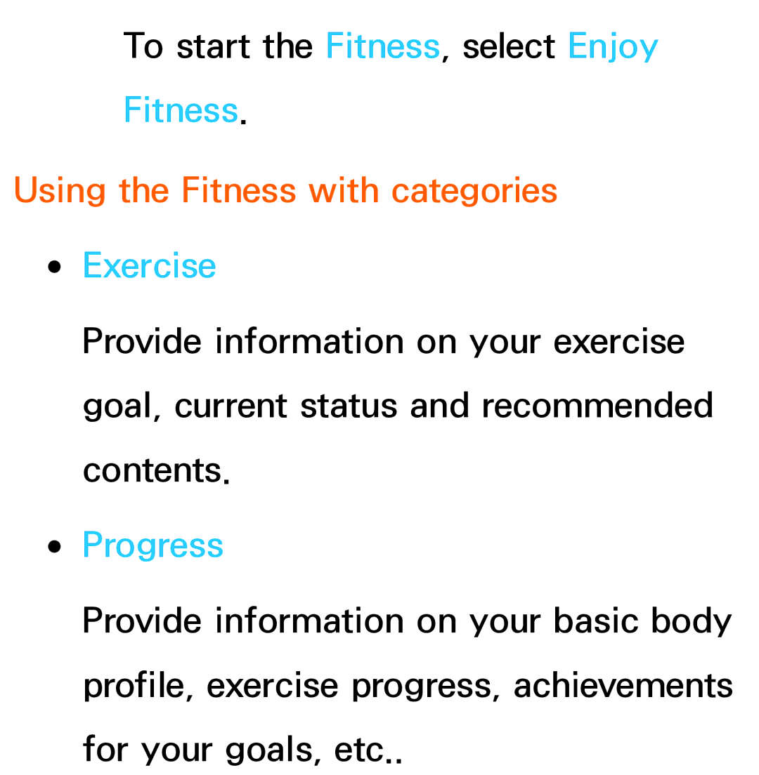 Samsung UN46ES8000, UN75ES9000XZA, UN60ES7500XZA, UN60ES8000 Using the Fitness with categories, Exercise, Progress 