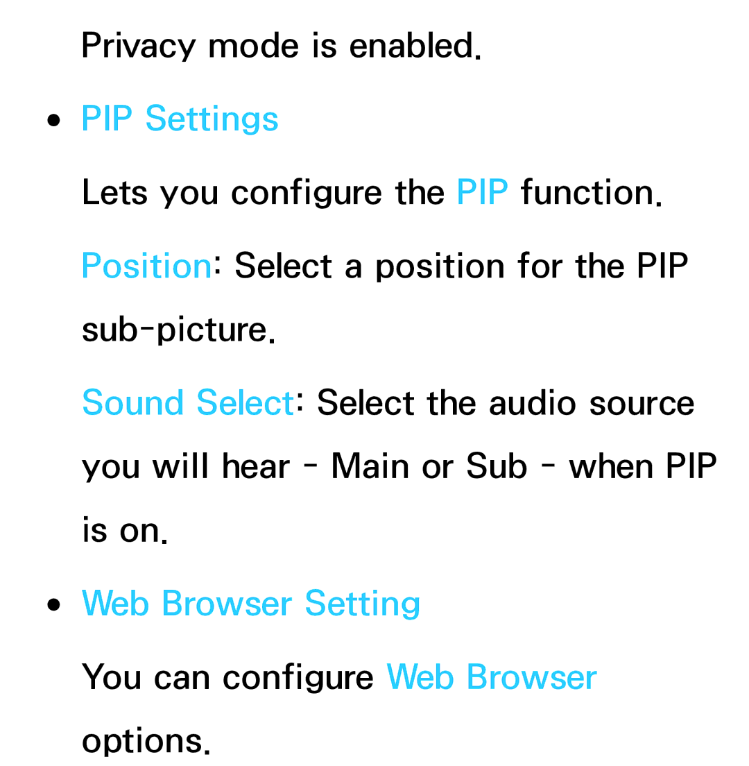 Samsung UN60ES7500XZA, UN75ES9000XZA, UN60ES8000, UN55ES7003, UN46ES8000 manual PIP Settings, Web Browser Setting 