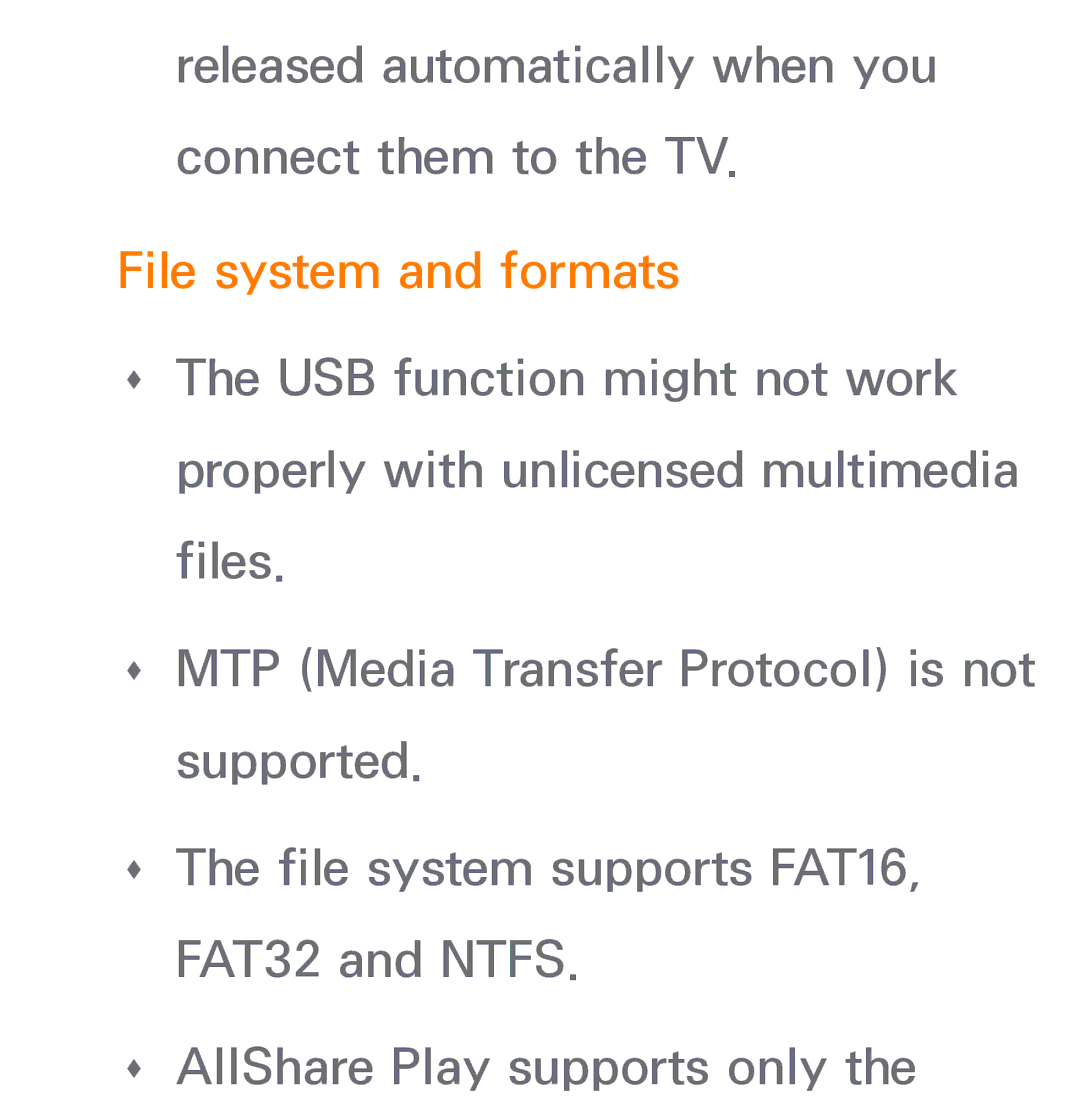 Samsung UN55ES7003, UN75ES9000XZA, UN60ES7500XZA, UN60ES8000, UN46ES8000 manual File system and formats 