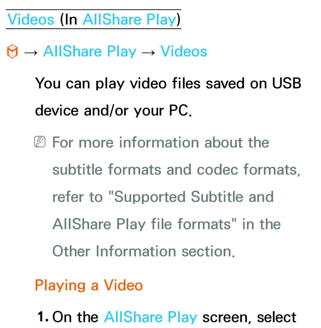 Samsung UN60ES8000, UN75ES9000XZA, UN60ES7500, UN55ES7003 Videos In AllShare Play → AllShare Play → Videos, Playing a Video 