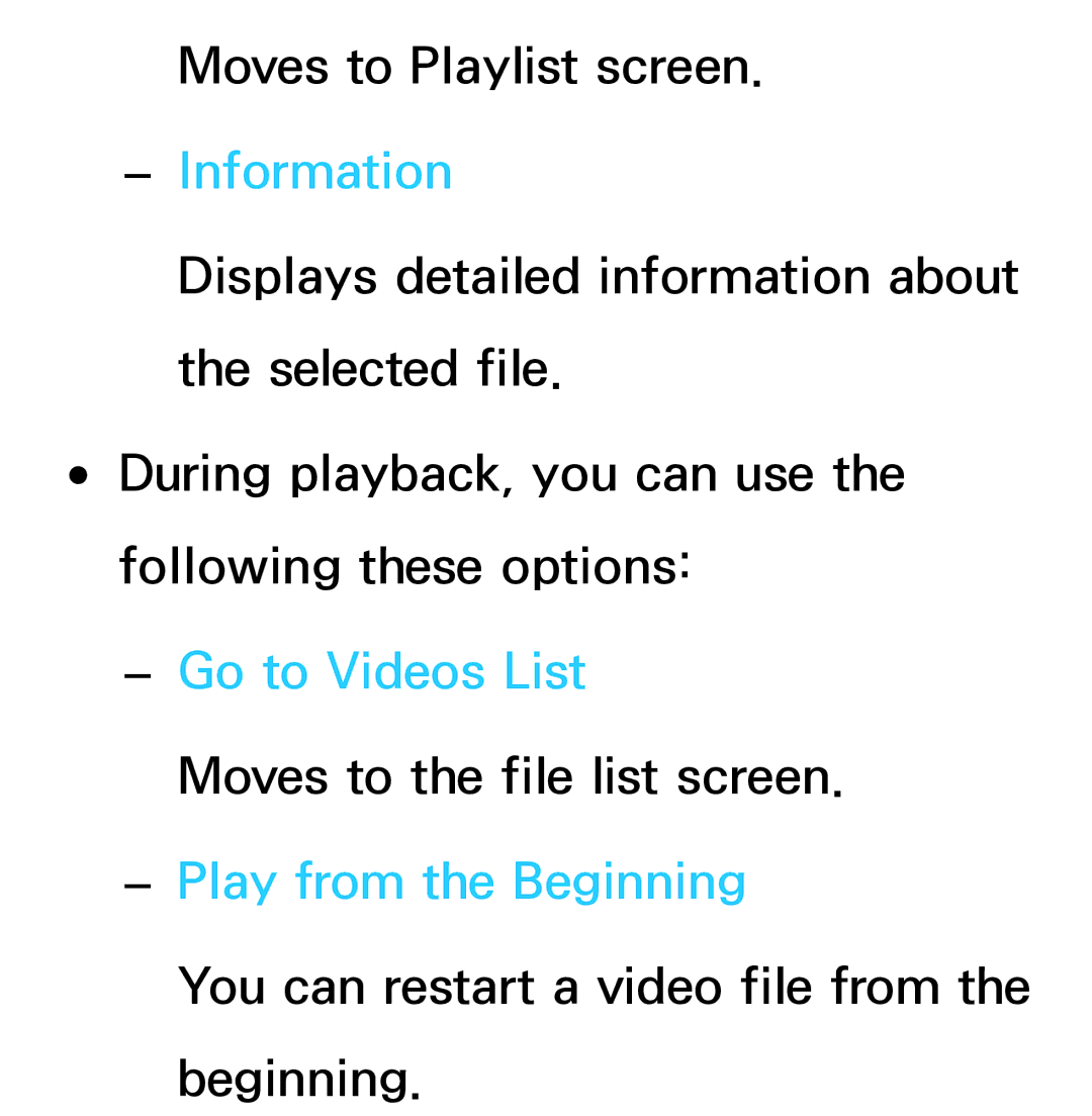 Samsung UN60ES8000, UN75ES9000XZA, UN60ES7500XZA, UN55ES7003, UN46ES8000 manual Go to Videos List, Play from the Beginning 