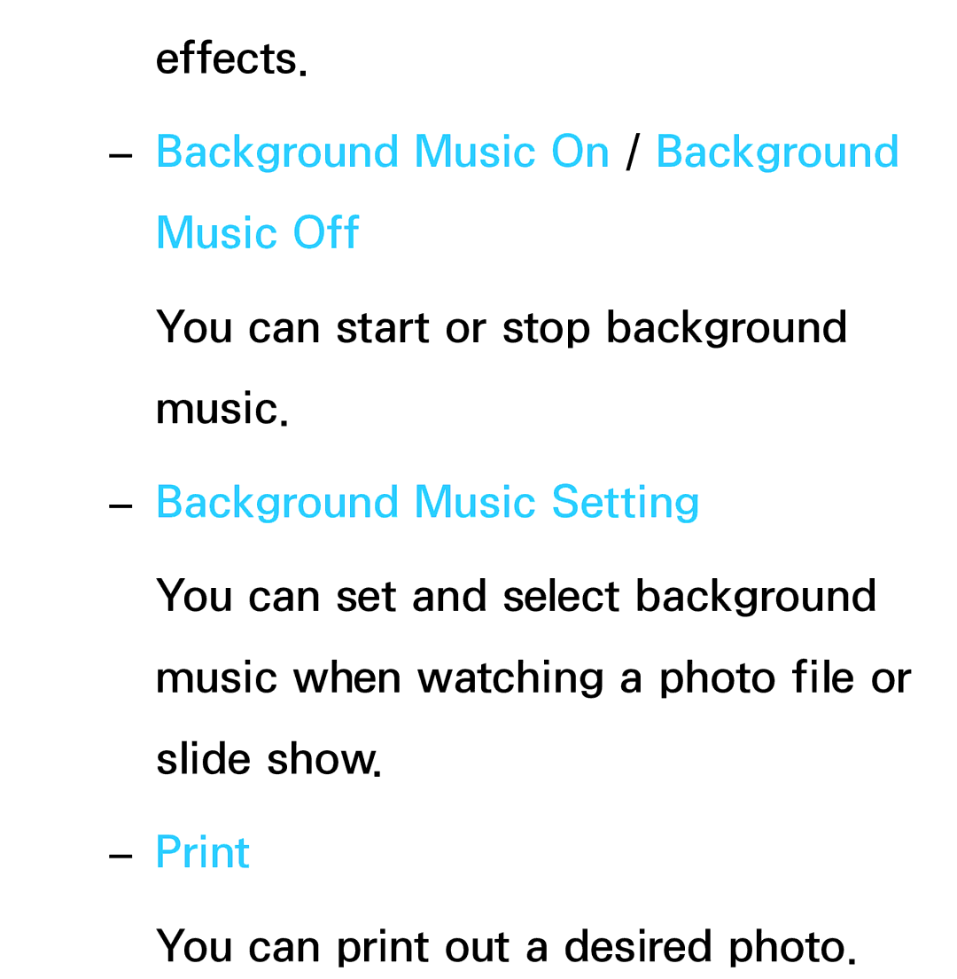 Samsung UN75ES9000XZA, UN60ES7500, UN60ES8000 Background Music On / Background Music Off, Background Music Setting, Print 