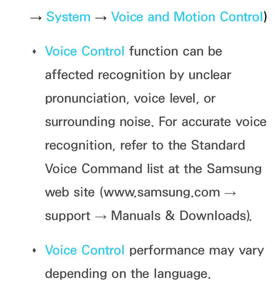 Samsung UN60ES8000, UN75ES9000XZA, UN60ES7500XZA, UN55ES7003, UN46ES8000 manual → System → Voice and Motion Control 