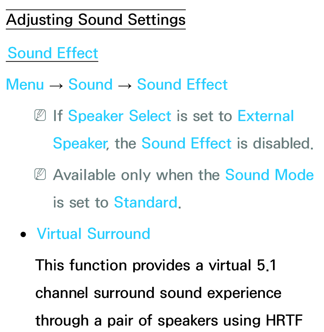 Samsung UN75ES9000XZA, UN60ES7500XZA manual NNAvailable only when the Sound Mode is set to Standard, Virtual Surround 