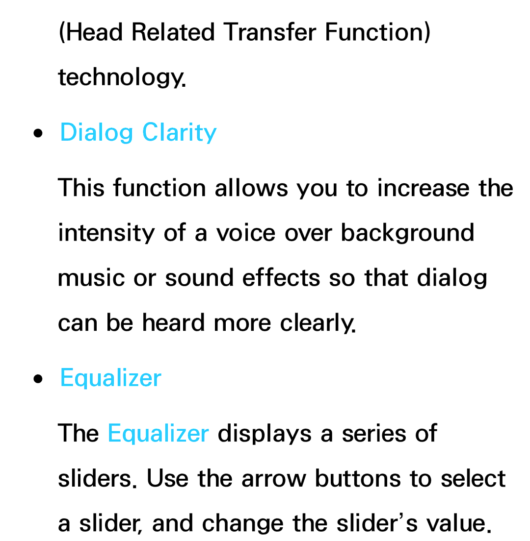 Samsung UN60ES7500XZA, UN75ES9000XZA, UN60ES8000, UN55ES7003, UN46ES8000 manual Dialog Clarity, Equalizer 