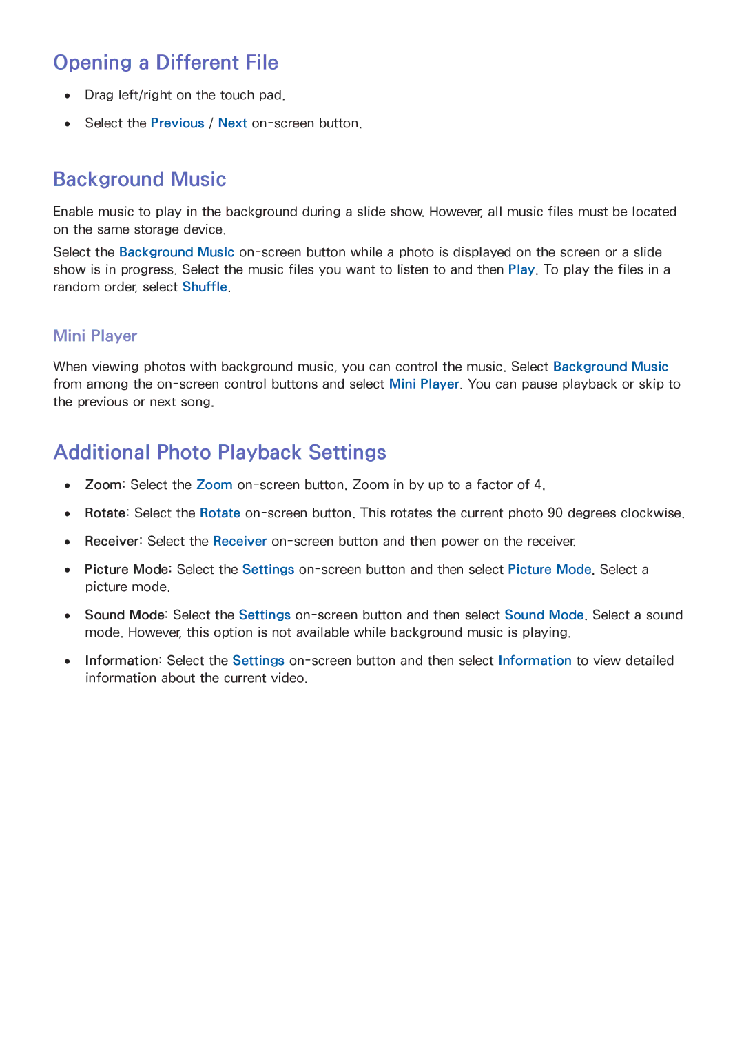 Samsung UN65F7100, UN75F7100, UN75F6400, UN60F7100 manual Background Music, Additional Photo Playback Settings, Mini Player 