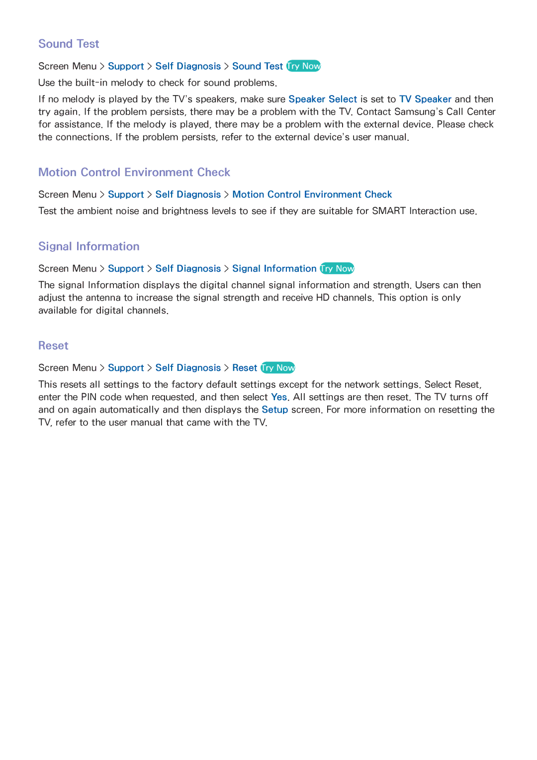 Samsung UN40F6400, UN75F7100, UN75F6400, UN65F7100 Sound Test, Motion Control Environment Check, Signal Information, Reset 