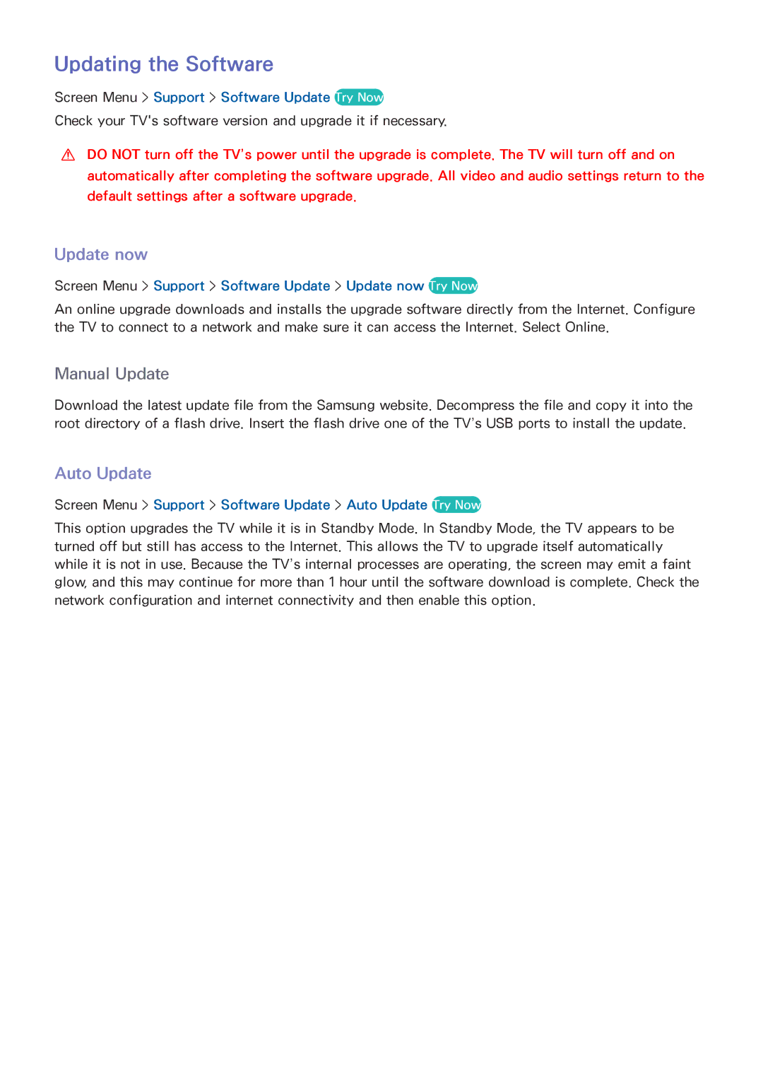Samsung UN75F7100, UN75F6400, UN65F7100, UN60F7100, UN55F7100, UN55F6400 manual Updating the Software, Update now, Auto Update 