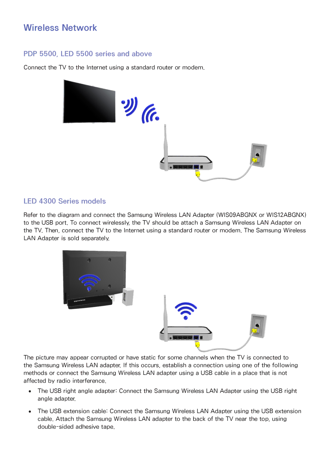 Samsung UN55F6400, UN75F7100, UN75F6400 manual Wireless Network, PDP 5500, LED 5500 series and above, LED 4300 Series models 