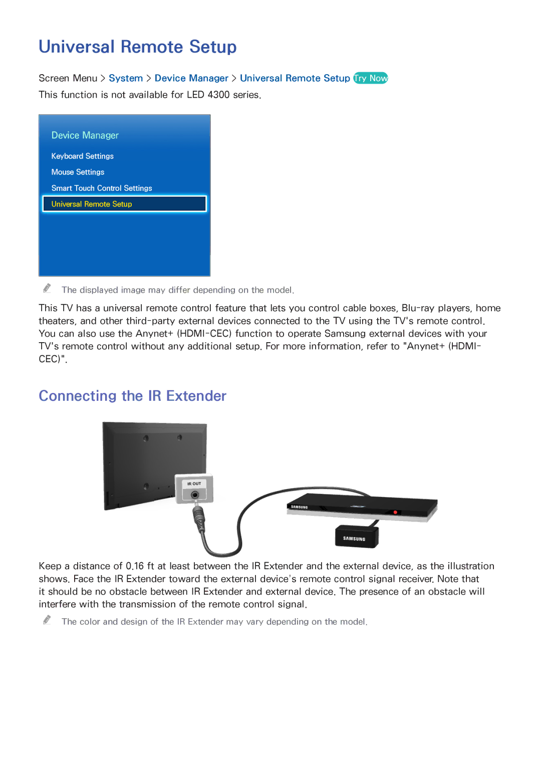 Samsung UN46F6400, UN75F7100, UN75F6400, UN65F7100 manual Universal Remote Setup, Connecting the IR Extender, Device Manager 