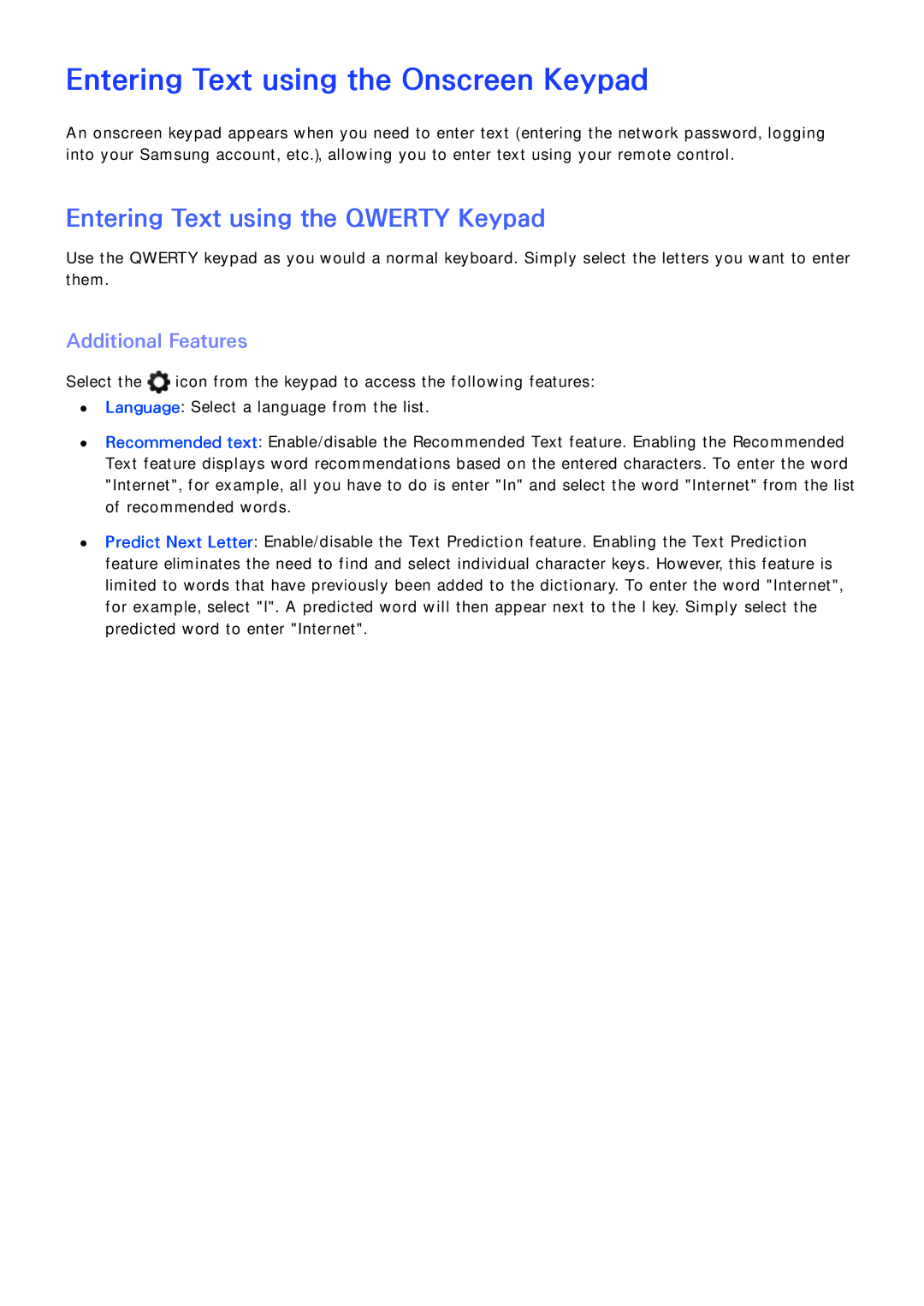 Samsung UN46F7100 Entering Text using the Onscreen Keypad, Entering Text using the Qwerty Keypad, Additional Features 