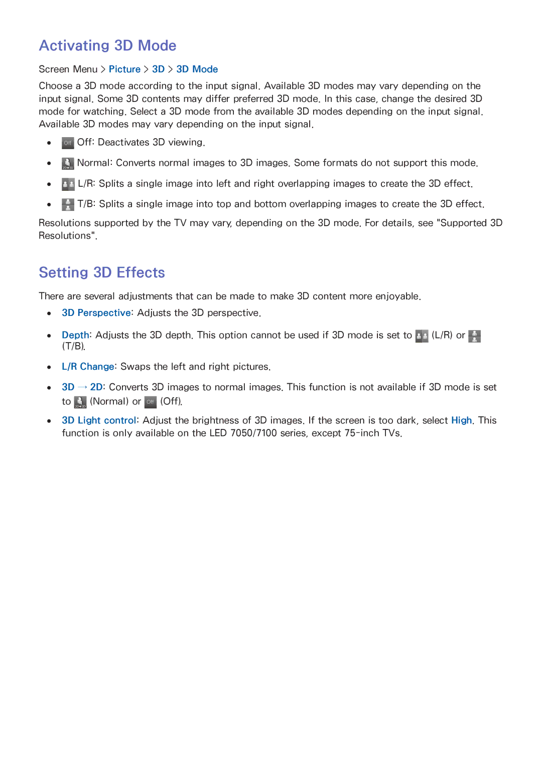 Samsung UN75F6400, UN75F7100, UN65F7100, UN60F7100, UN55F7100, UN55F6400, UN46F6400 manual Activating 3D Mode, Setting 3D Effects 
