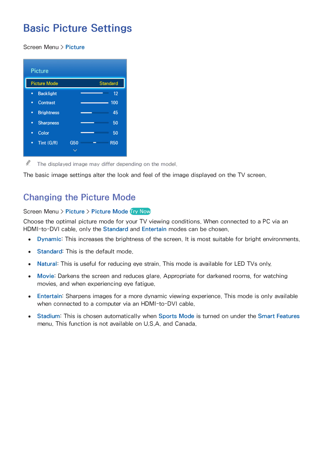 Samsung UN46F6400, UN75F7100 Basic Picture Settings, Changing the Picture Mode, Screen Menu Picture Picture Mode Try Now 