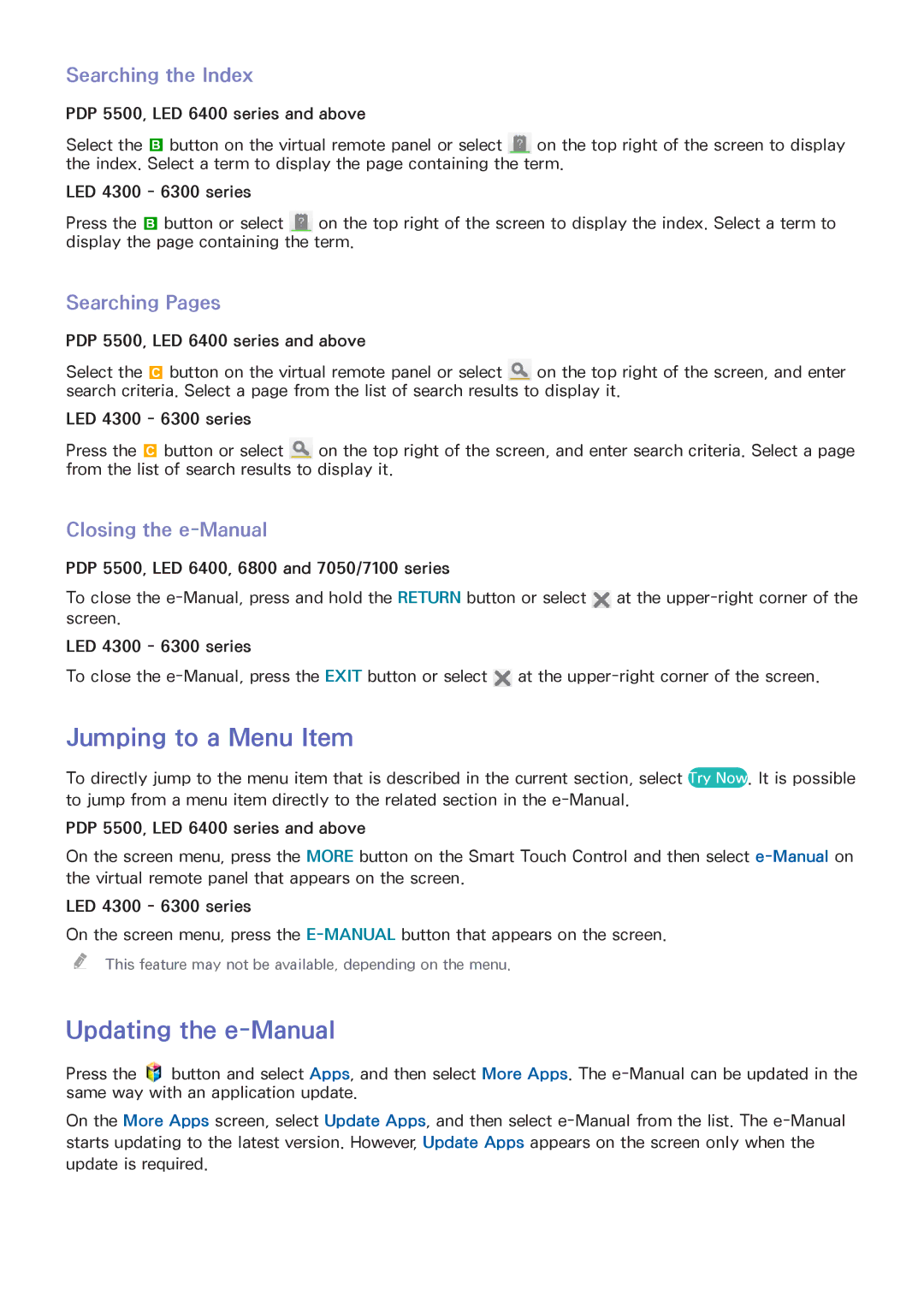 Samsung UN40F6300, UN75F7100, UN75F6400 Jumping to a Menu Item, Updating the e-Manual, Searching the Index, Searching Pages 