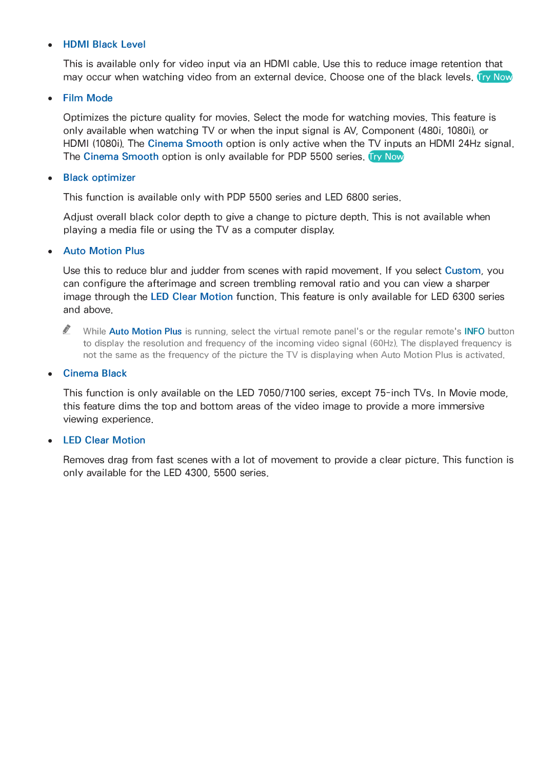 Samsung UN65F7100 manual Hdmi Black Level, Film Mode, Black optimizer, Auto Motion Plus, Cinema Black, LED Clear Motion 