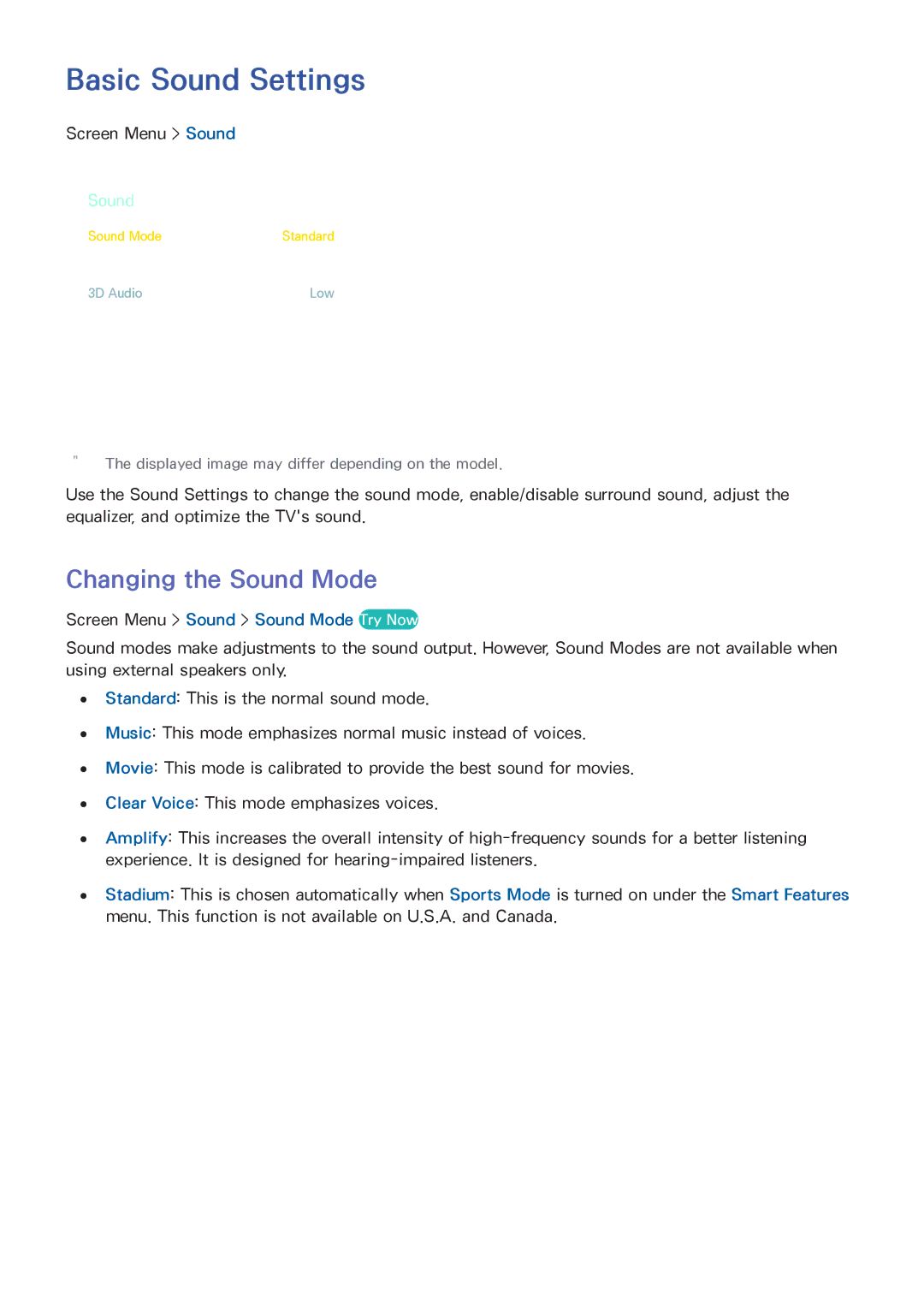 Samsung UN60F7100, UN75F7100, UN75F6400 Basic Sound Settings, Changing the Sound Mode, Screen Menu Sound Sound Mode Try Now 