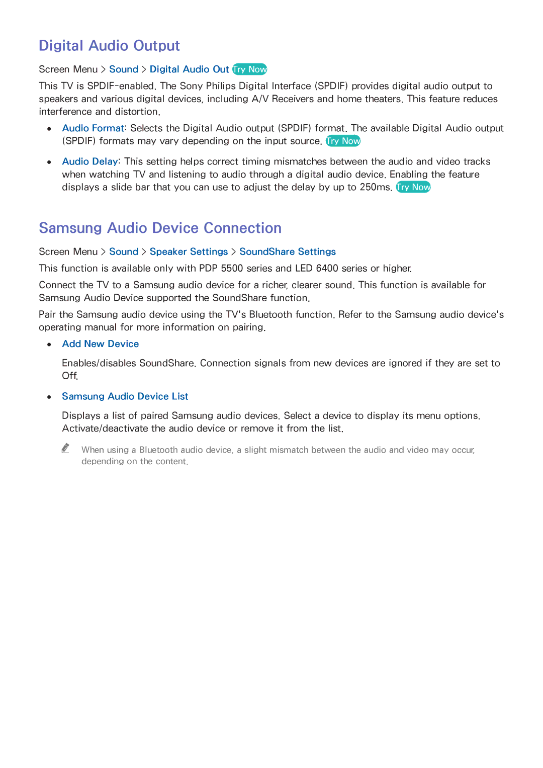 Samsung UN46F6300, UN75F7100, UN75F6400, UN65F7100, UN60F7100, UN55F7100 Digital Audio Output, Samsung Audio Device Connection 