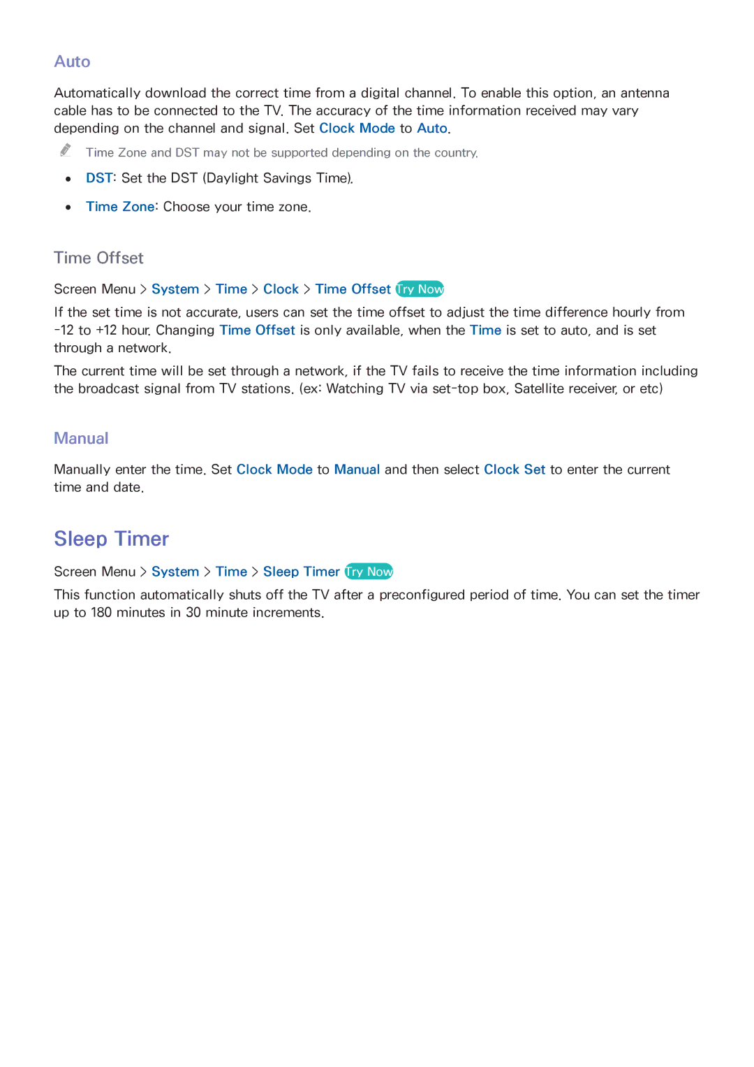 Samsung UN40F6300, UN75F7100, UN75F6400 manual Sleep Timer, Auto, Manual, Screen Menu System Time Clock Time Offset Try Now 