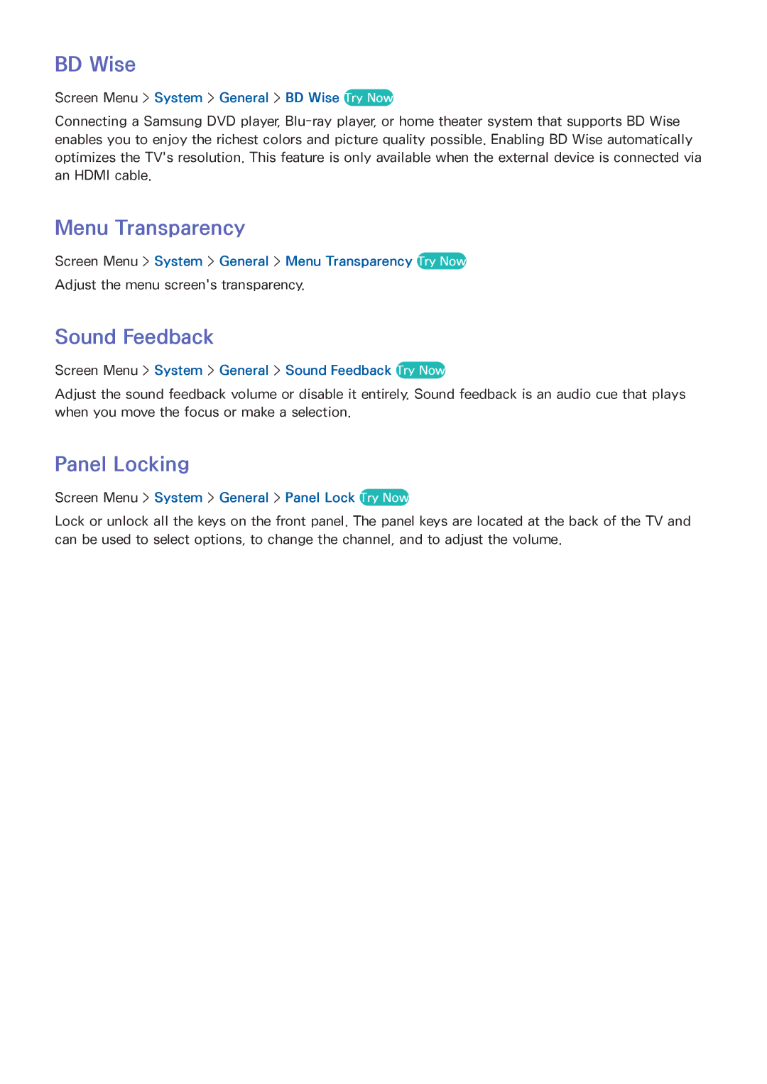 Samsung UN65F8000BF, UN75F8000BF, UN60F8000BF, UN55F8000BF manual BD Wise, Menu Transparency, Sound Feedback, Panel Locking 