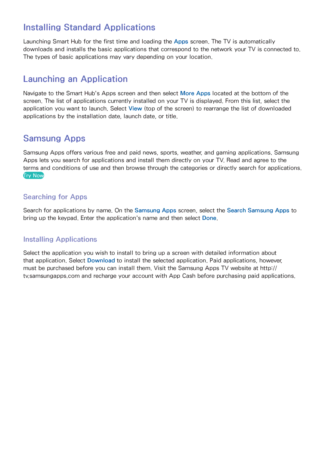 Samsung UN55F8000BF manual Installing Standard Applications, Launching an Application, Samsung Apps, Searching for Apps 