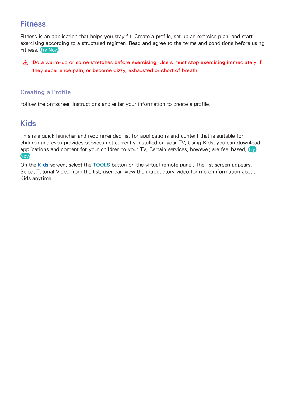 Samsung PN60F8500AFXZA, UN75F8000BF, UN65F8000BF, UN60F8000BF, UN55F8000BF, PN64F8500AF manual Fitness, Kids, Creating a Profile 