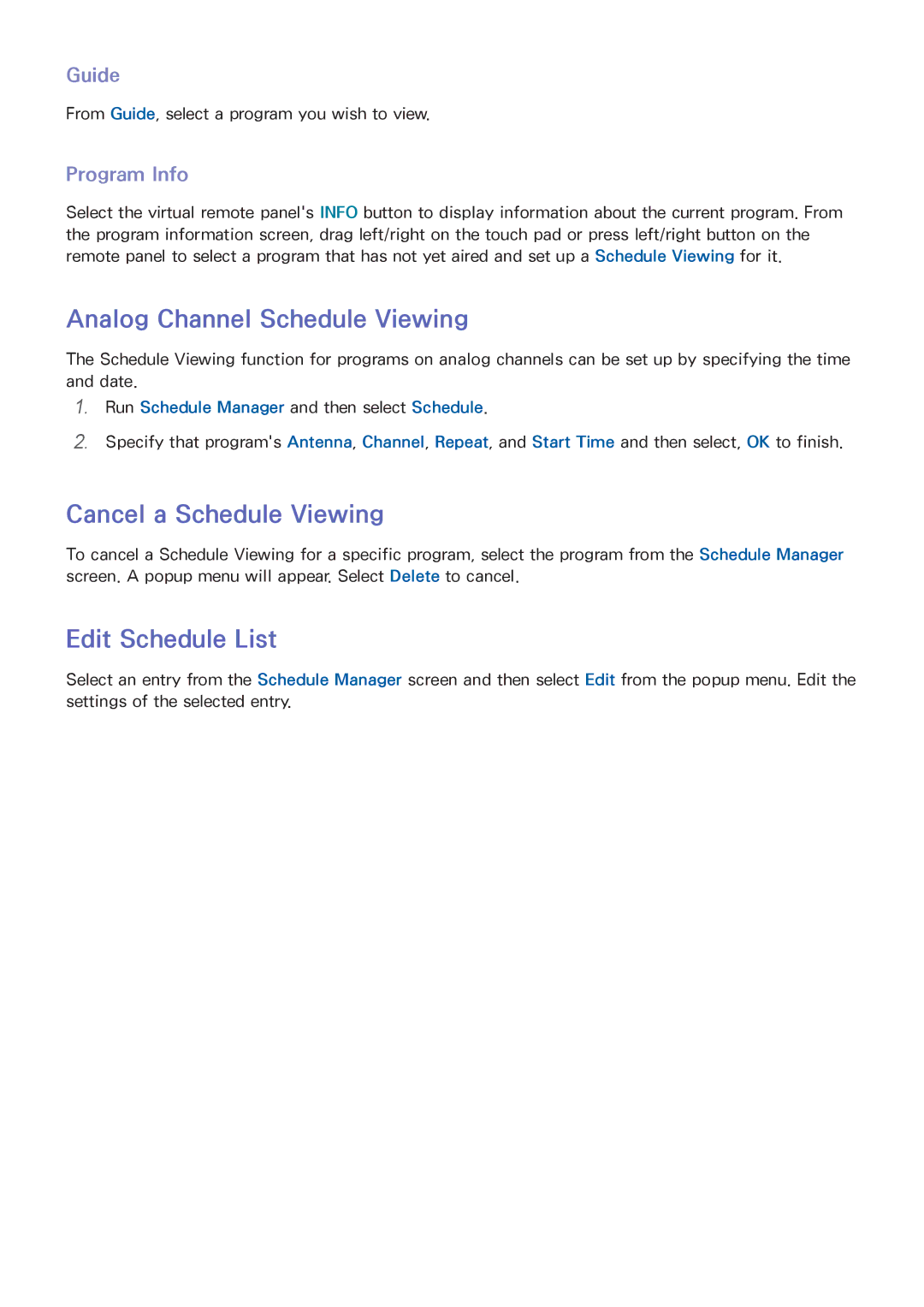 Samsung PN60F8500AFXZA Analog Channel Schedule Viewing, Cancel a Schedule Viewing, Edit Schedule List, Guide, Program Info 