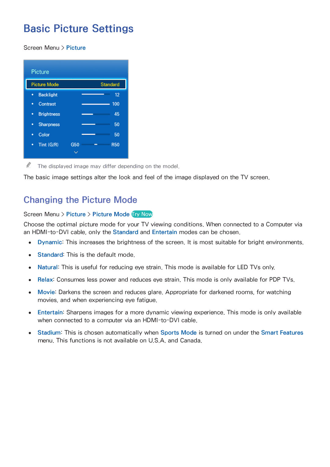 Samsung PN51F8500AF manual Basic Picture Settings, Changing the Picture Mode, Screen Menu Picture Picture Mode Try Now 