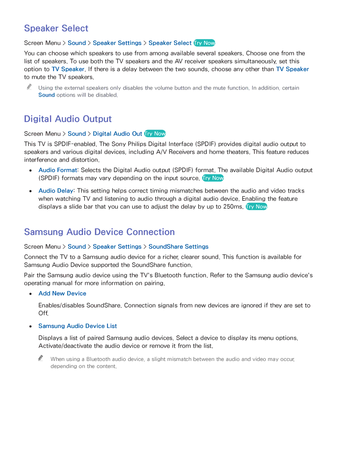 Samsung UN65F8000XZA, UN75F8000XZA, UN60F8000XZA manual Speaker Select, Digital Audio Output, Samsung Audio Device Connection 