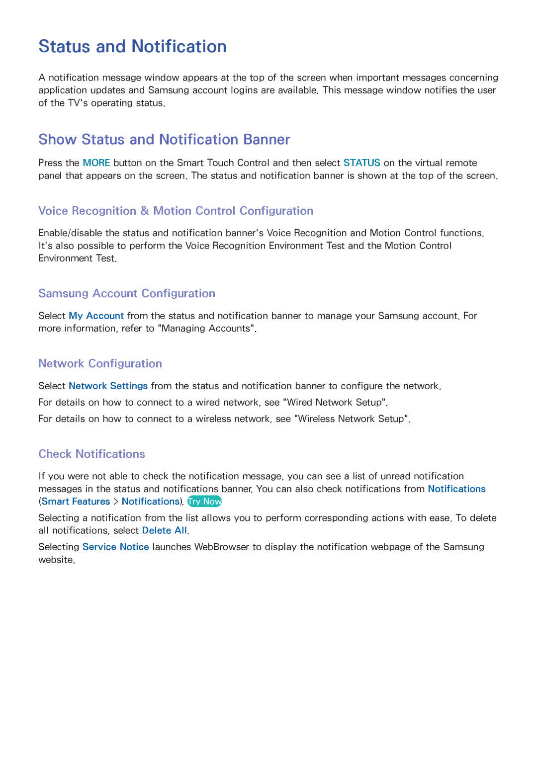 Samsung UN60F8000XZA Status and Notification, Voice Recognition & Motion Control Configuration, Network Configuration 