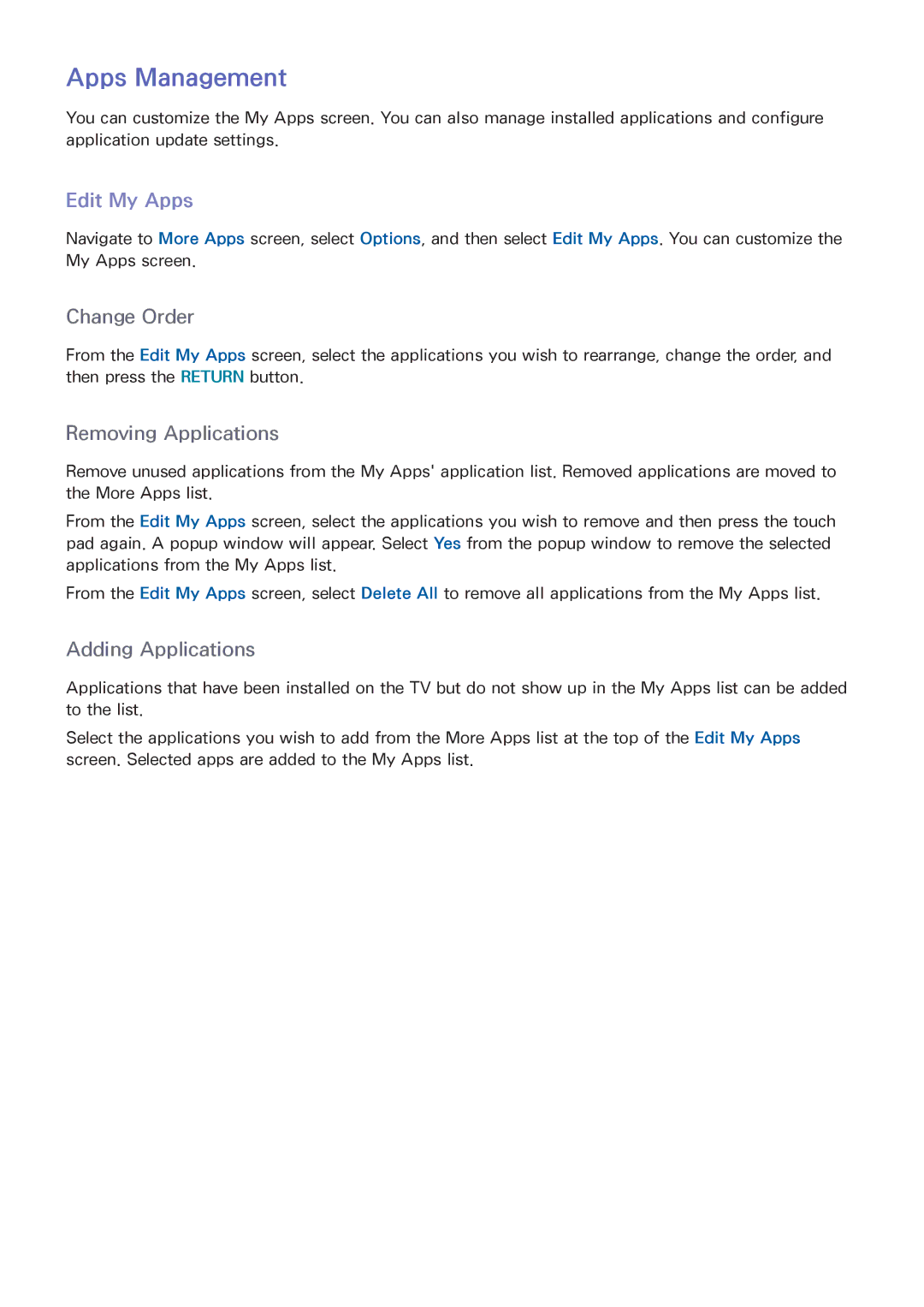 Samsung UN46F8000, UN75F8000XZA, UN65F8000XZA, UN60F8000XZA, UN55F6300XZA, UN55F8000 manual Apps Management, Edit My Apps 