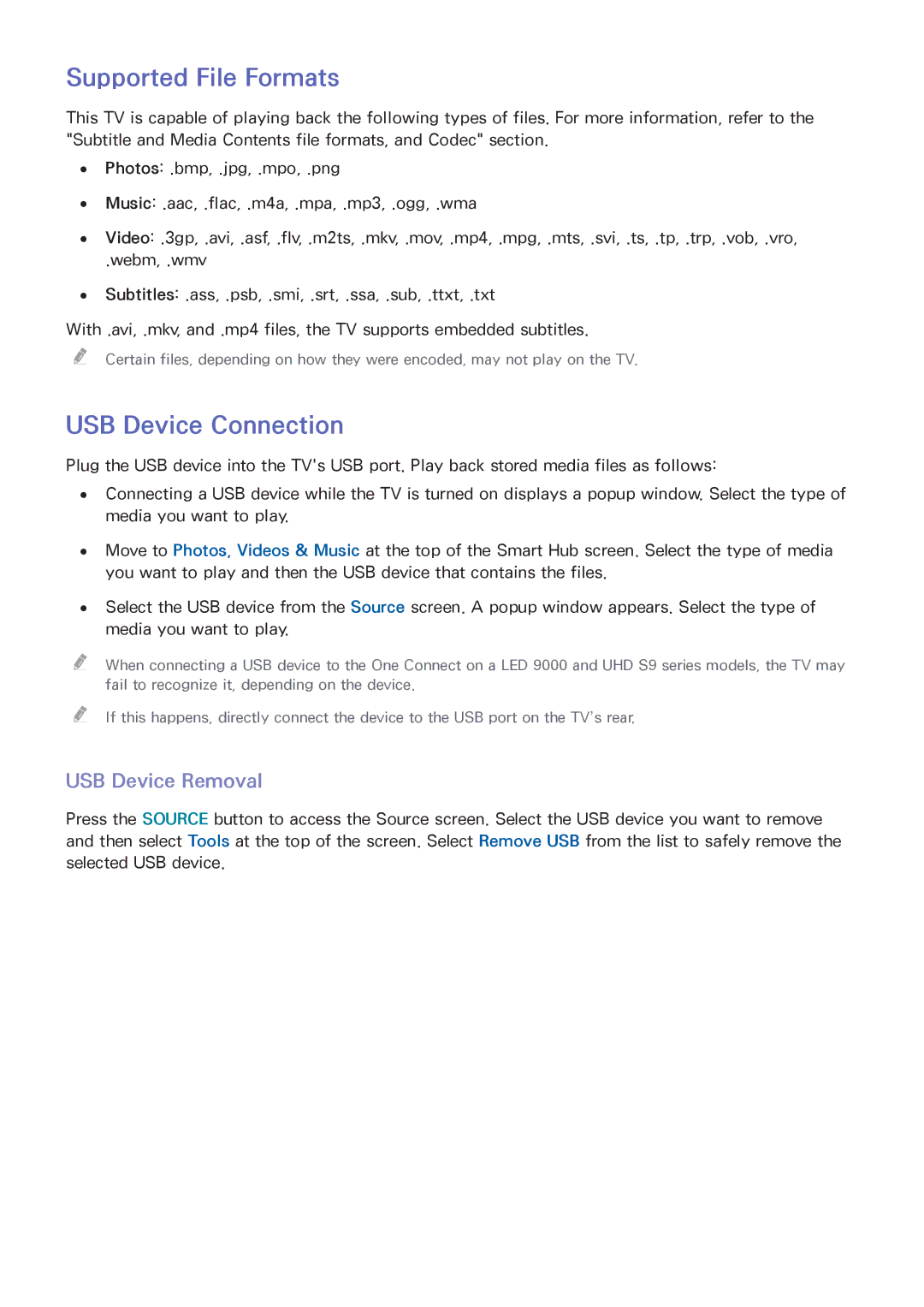 Samsung UN55F8000XZA, UN75F8000XZA, UN65F8000XZA manual Supported File Formats, USB Device Connection, USB Device Removal 