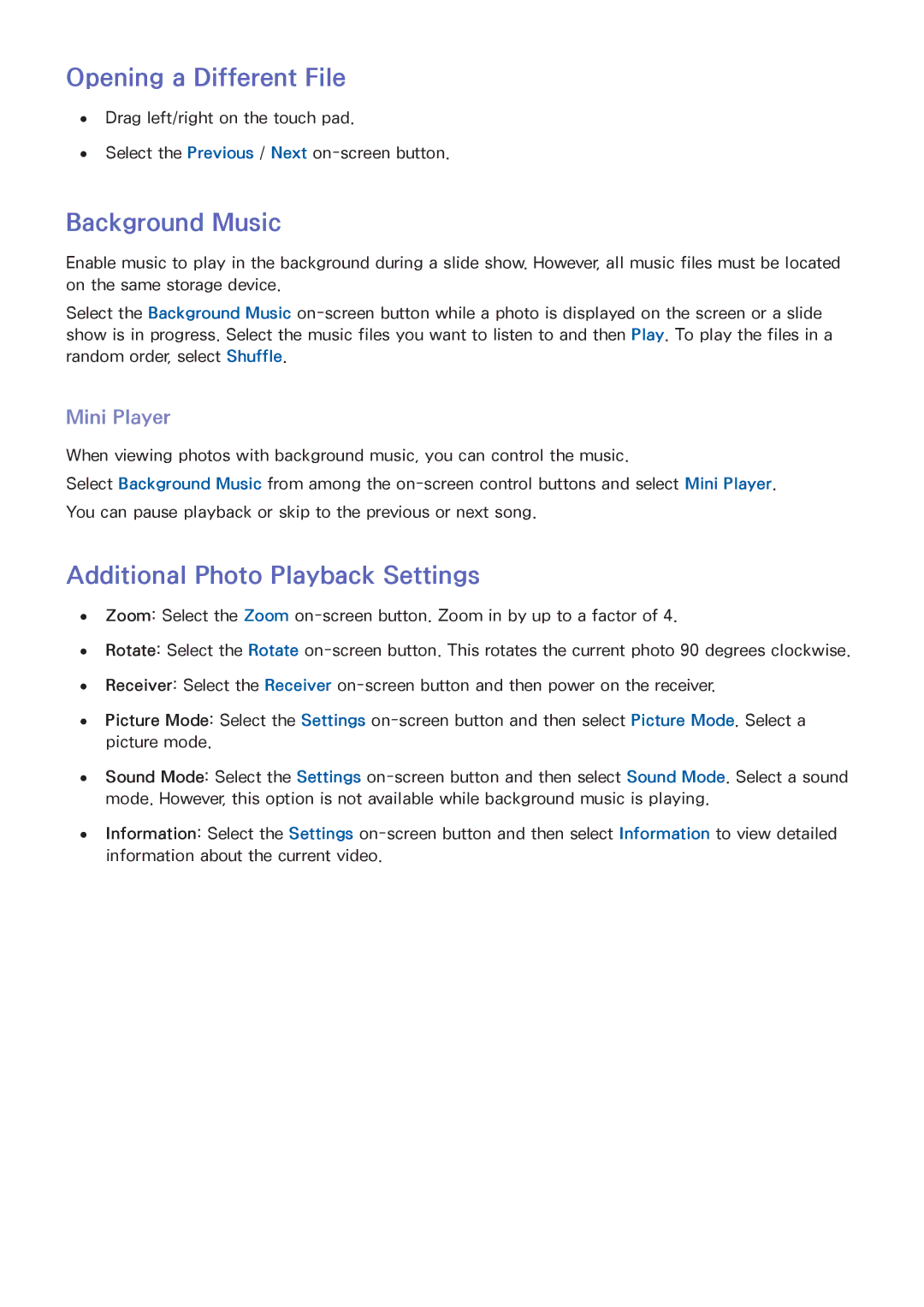Samsung UN60F8000XZA, UN75F8000XZA, UN65F8000XZA manual Background Music, Additional Photo Playback Settings, Mini Player 